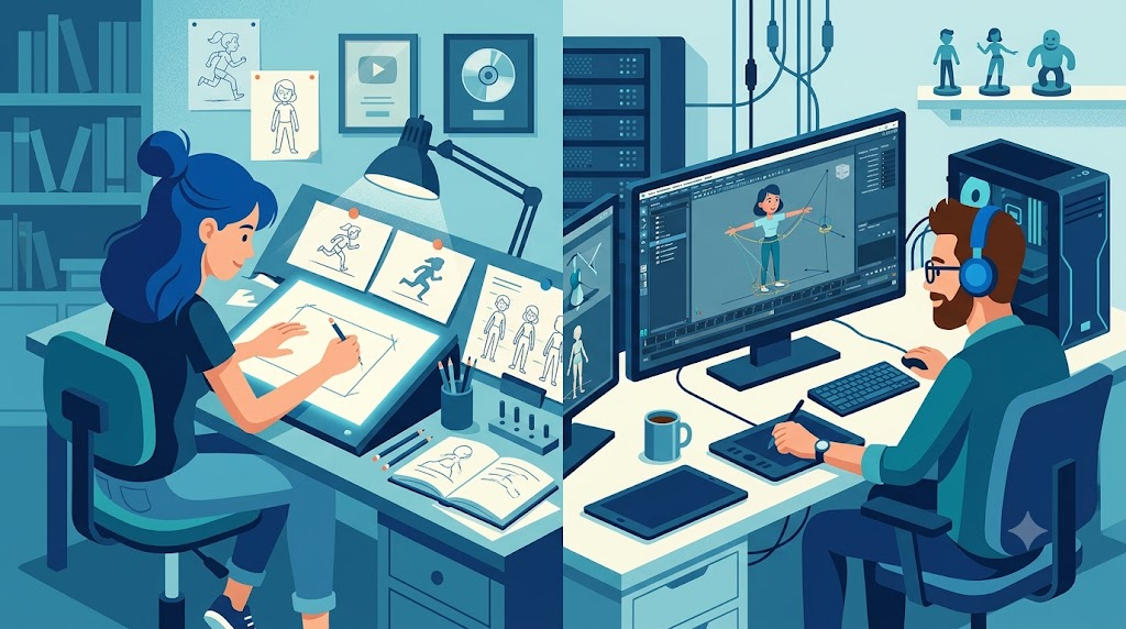 CGアニメーションと2Dアニメの制作方法の違いを表すイラスト