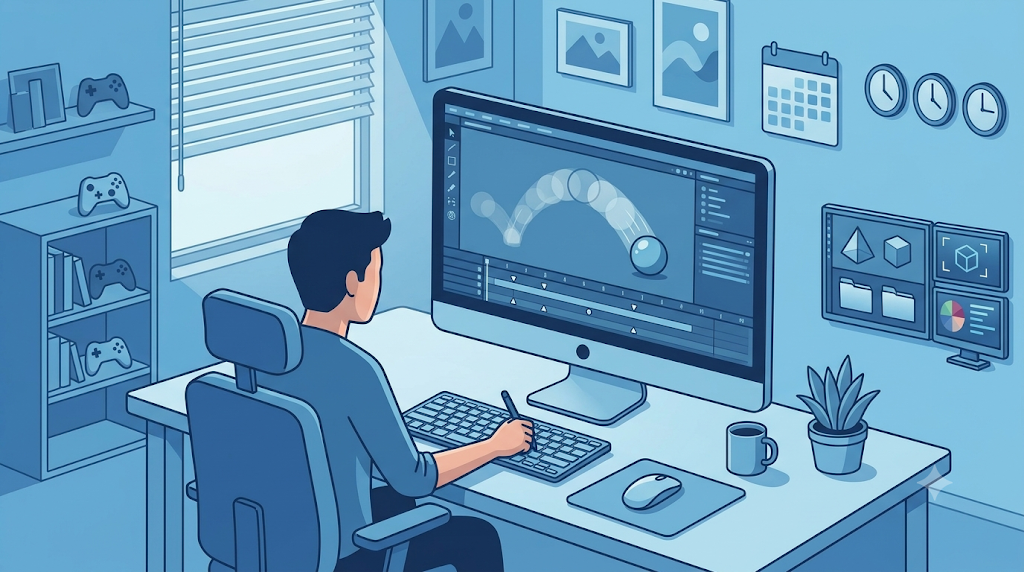 ボールバウンドのアニメーションを練習する独学者のイラスト