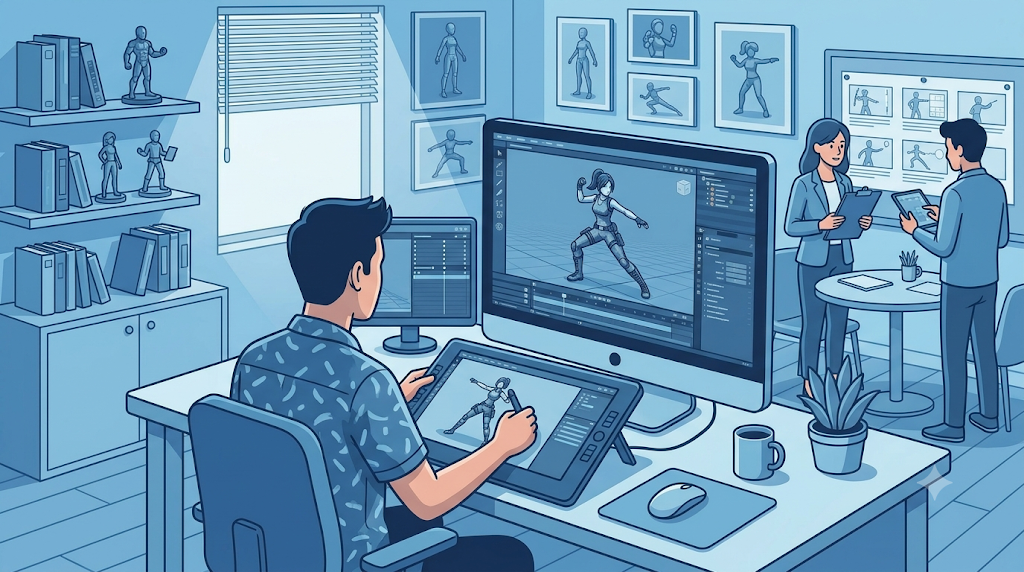 3DキャラクターにポーズをつけるCGアニメーターとチームのイラスト
