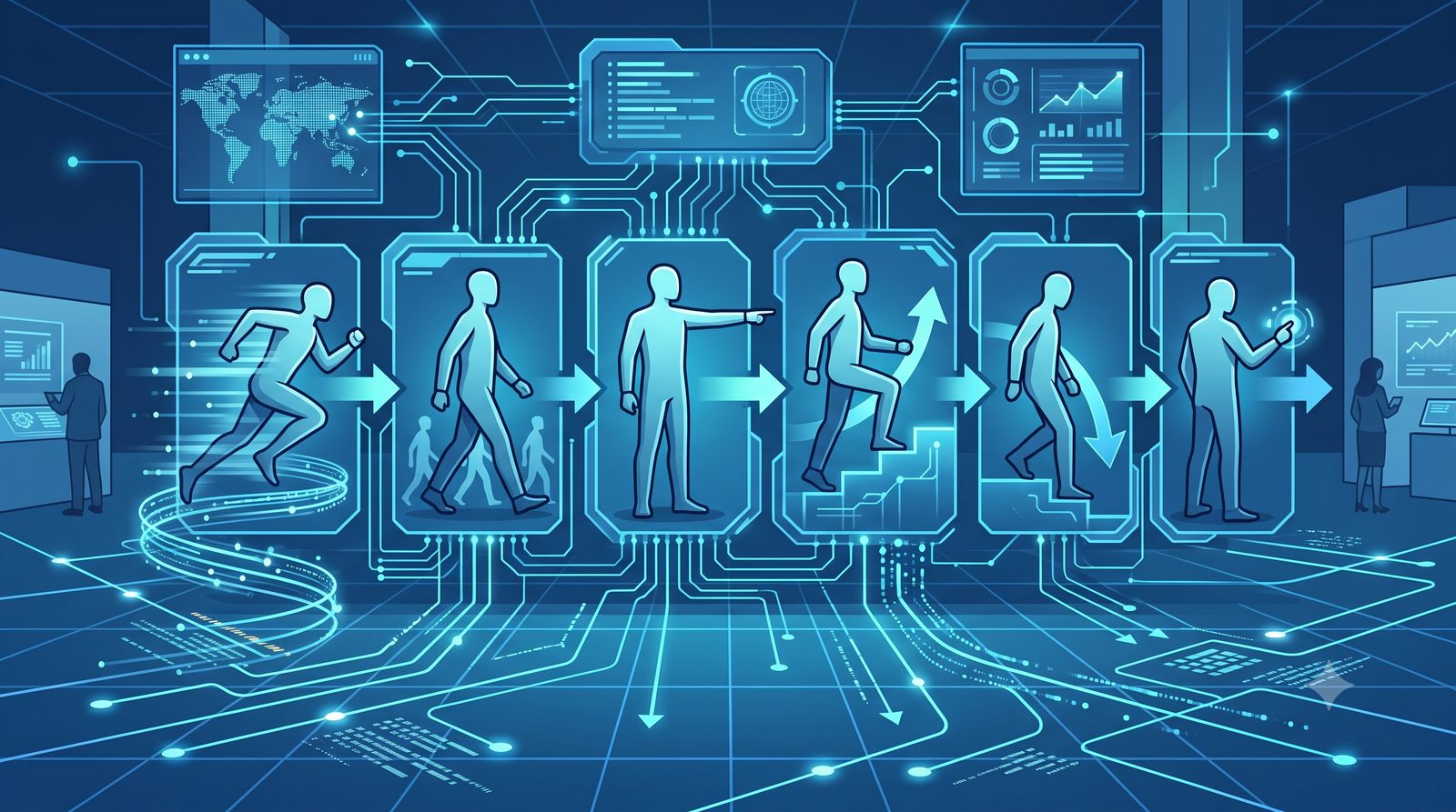 走る・歩く・指差す動きのある人型ピクトグラムが並ぶ案内サイン風のイラスト