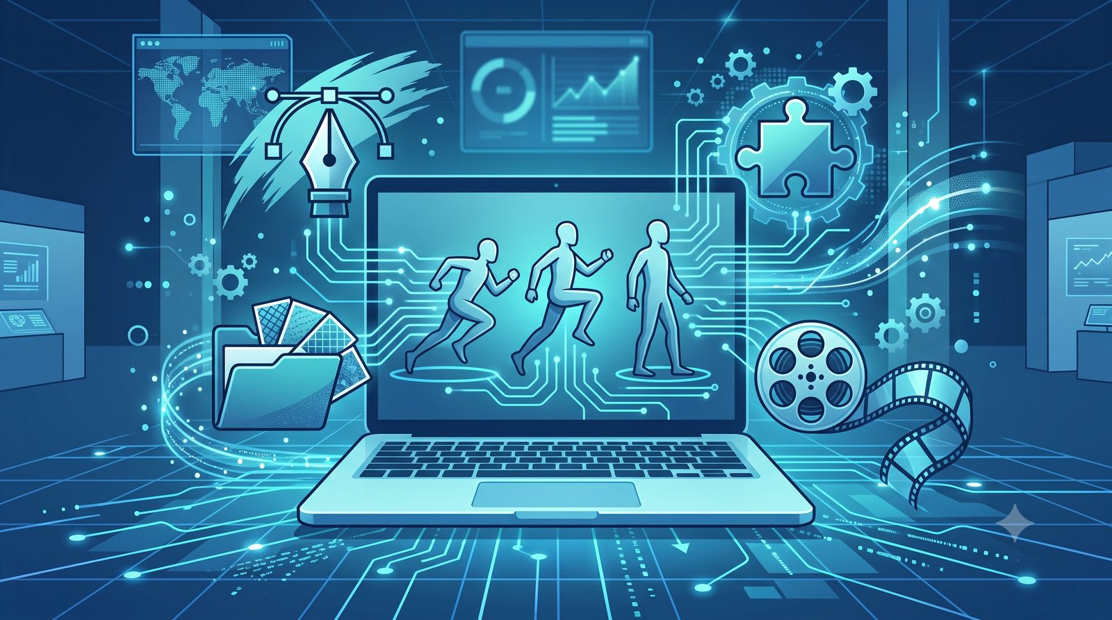 ノートPCの画面に人型ピクトグラムと制作ツールのアイコンが並ぶイラスト