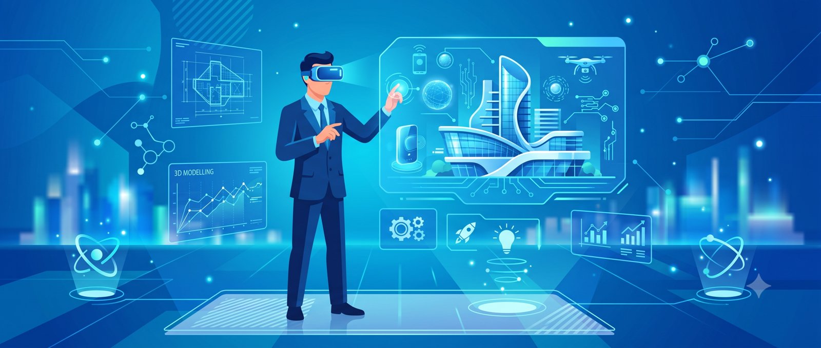 VRコンテンツを体験するビジネスパーソンのイメージイラスト