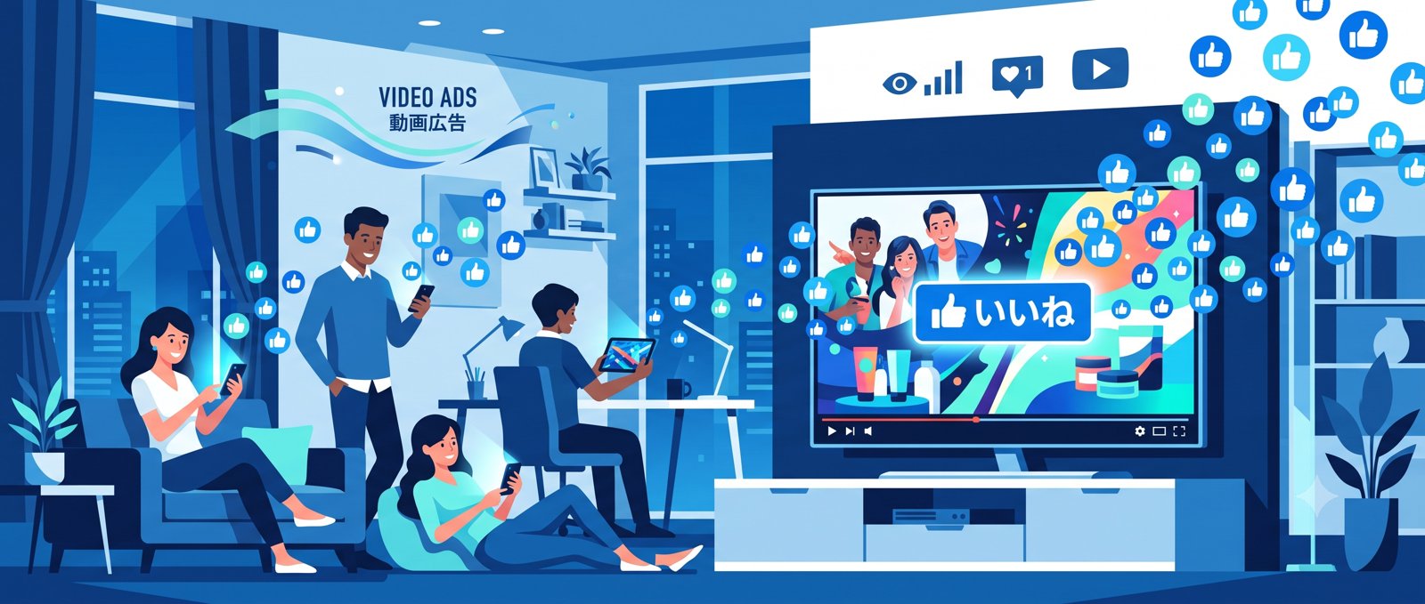 WebCM(スマホ・SNSでの動画広告)とテレビCMの対比イメージイラスト