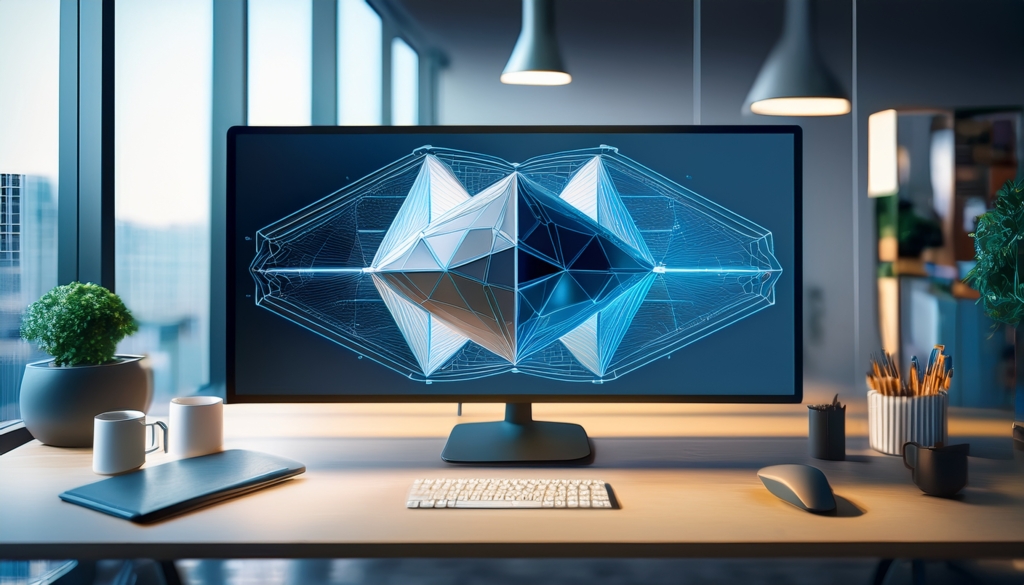 モニターに表示された3Dモデル。ワイヤーフレームからレンダリングへ仕上がっていくイメージ