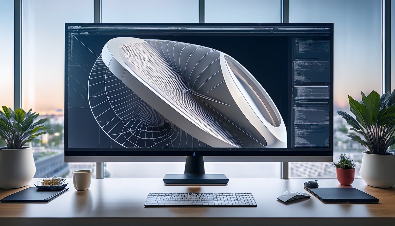 3DCG制作ソフトの画面。左半分がワイヤーフレーム、右半分がレンダリングされた立体