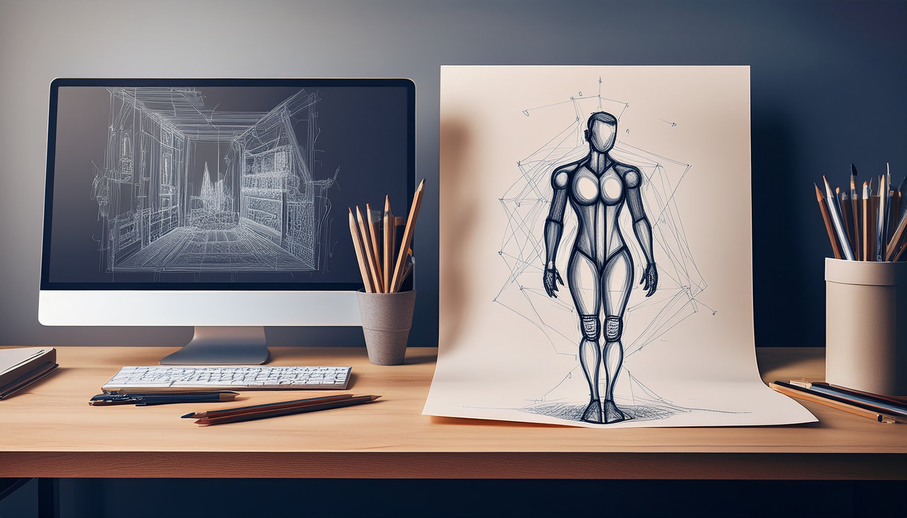 紙に描いた2Dの原画と、3Dモデルが表示されたモニターを並べた比較