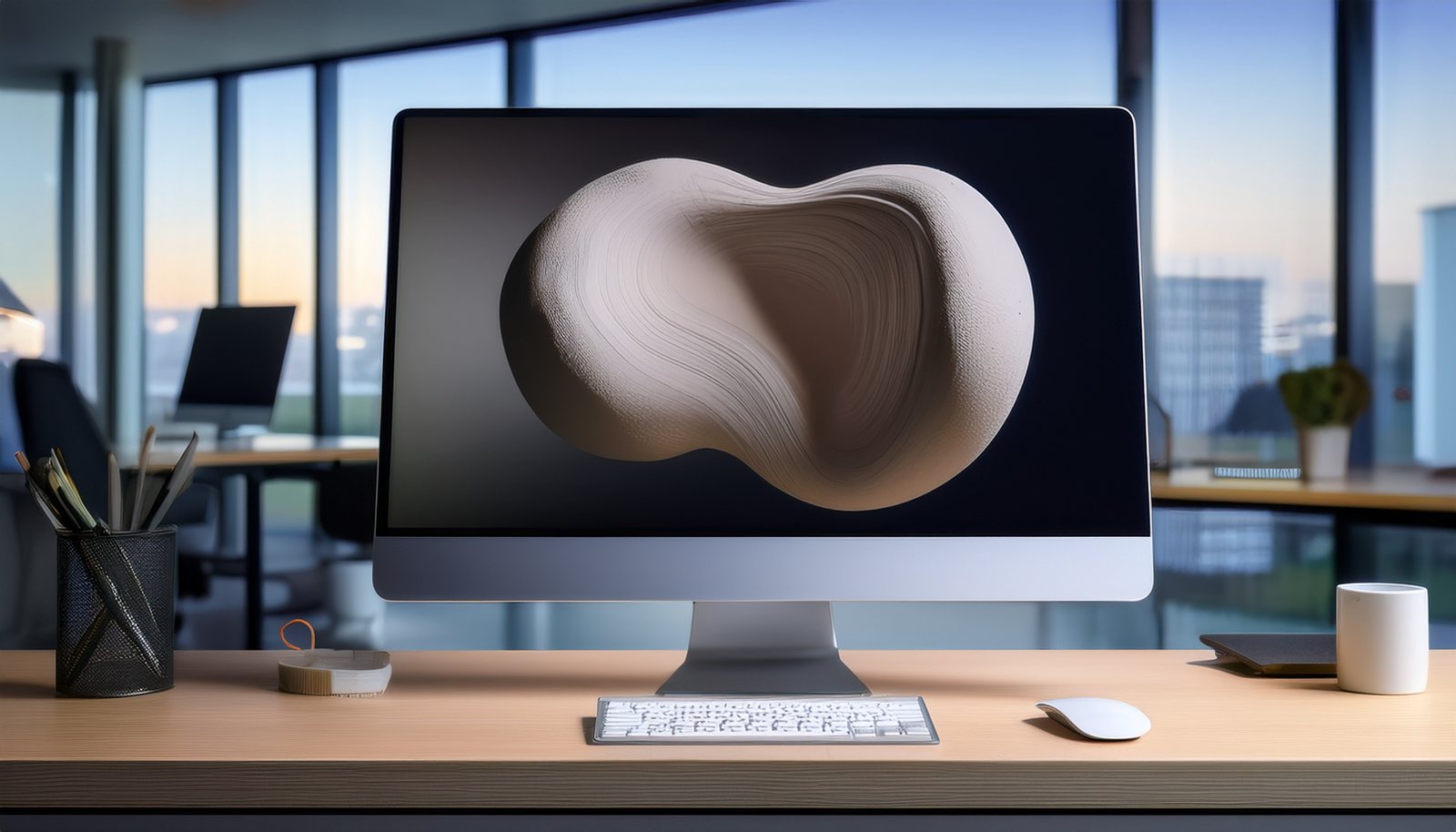 3Dソフトの画面に、なめらかにレンダリングされた立体が表示されたデスク