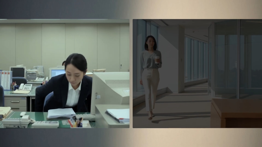 銀行の窓口で業務にあたる行員の様子を描いたAI生成カット