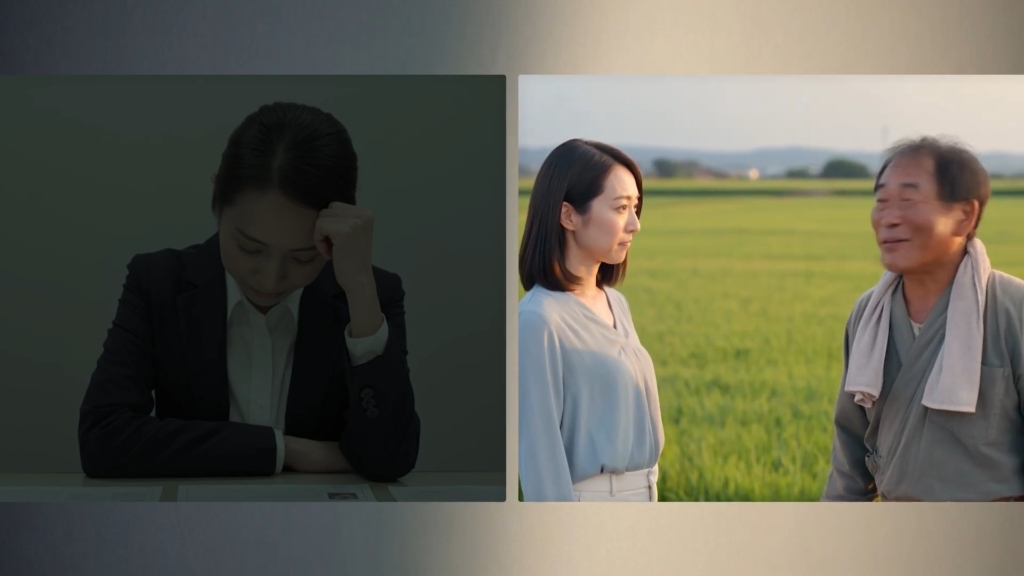 業務に追われる行員と、支援を受ける地域の人々を対比したAI生成カット