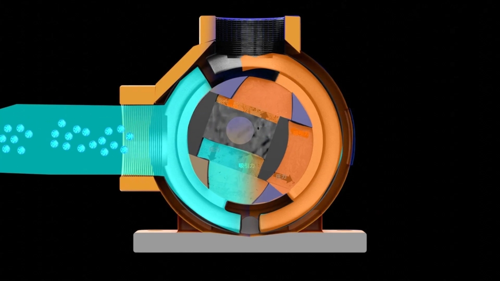 3つのローターが液体を送り出す仕組みを断面で示した3DCG